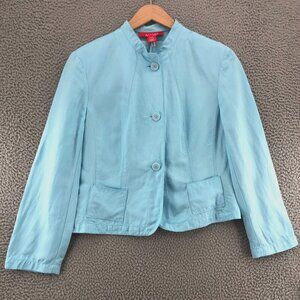 A Line Jacket Womens 14 Petite Blue Linen Blend Button Up Pockets Office Blazer*